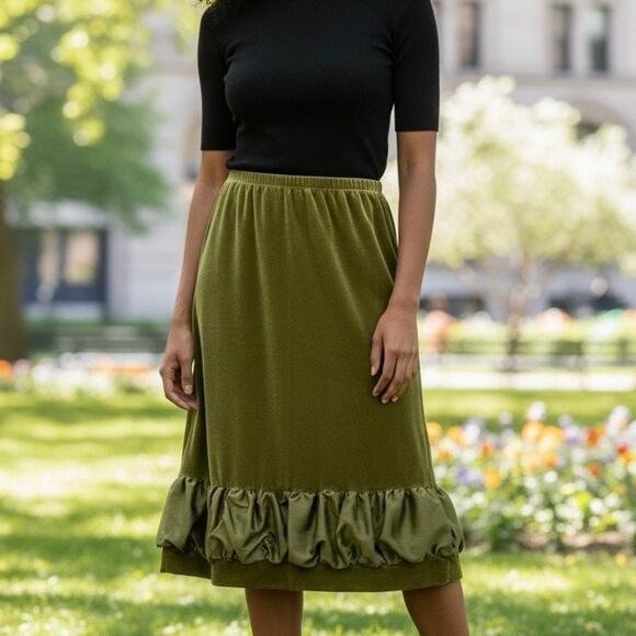 Grace Elements Dresses & Skirts - Grace Elements Size 12 Olive Green Velvet Velour Skirt Ruffle Bubble Hem Holiday